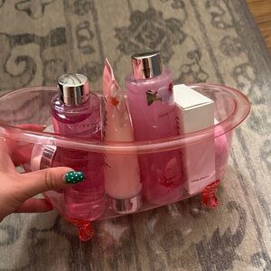 Pink Bath Caddy with Pink Bath & Body Bottles
